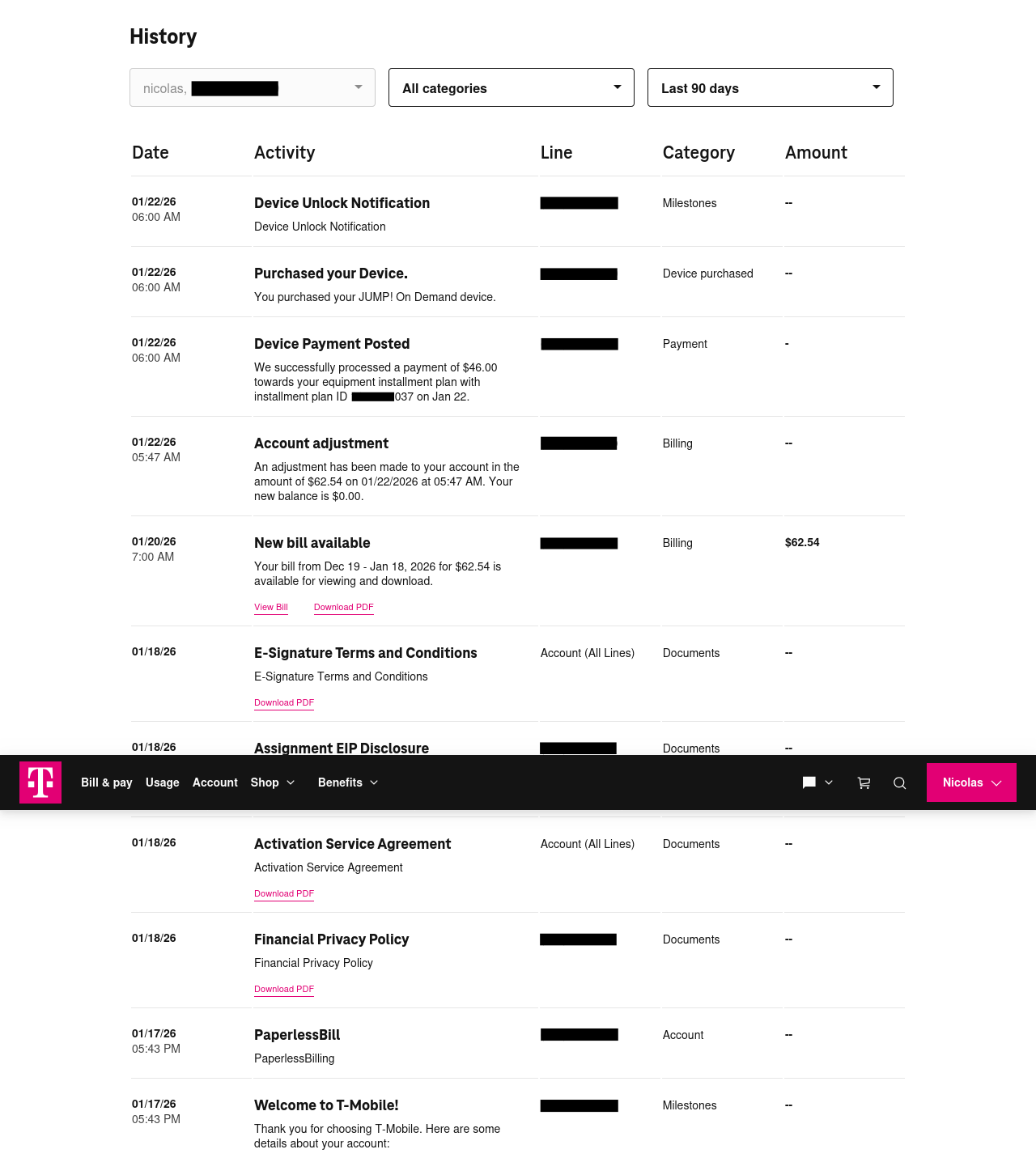 T-Mobile account history showing Device Unlock Notification on January 22, 2026