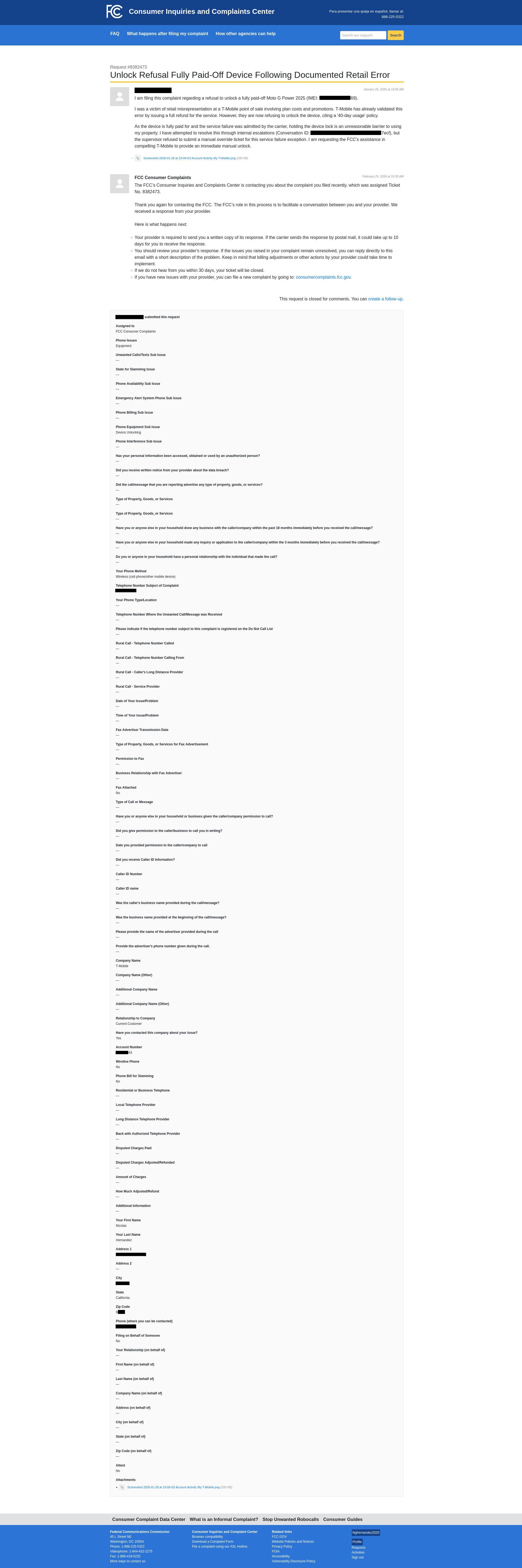 FCC Consumer Complaints portal showing the filed complaint record