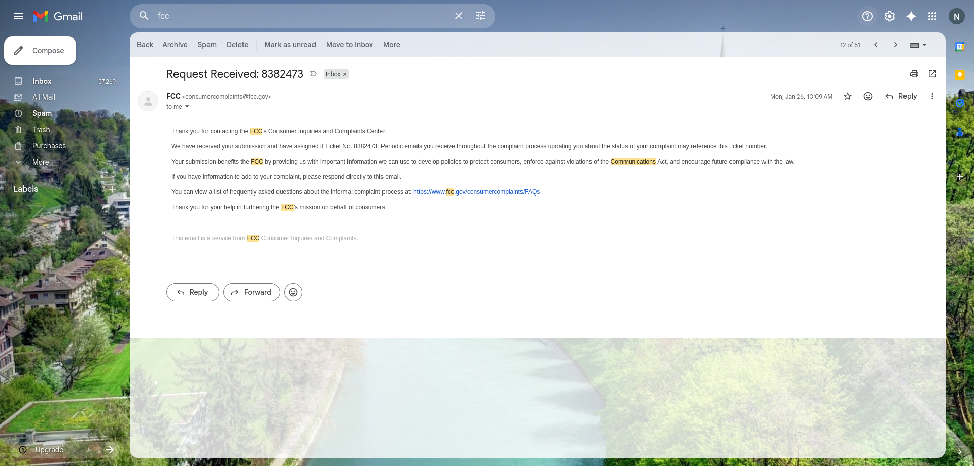 FCC acknowledgement email assigning Ticket No. 8382473