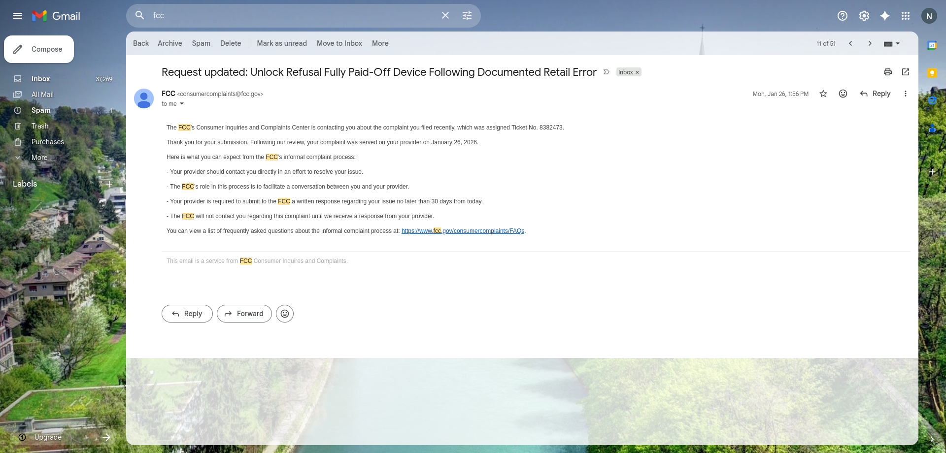 FCC update email confirming complaint served on T-Mobile