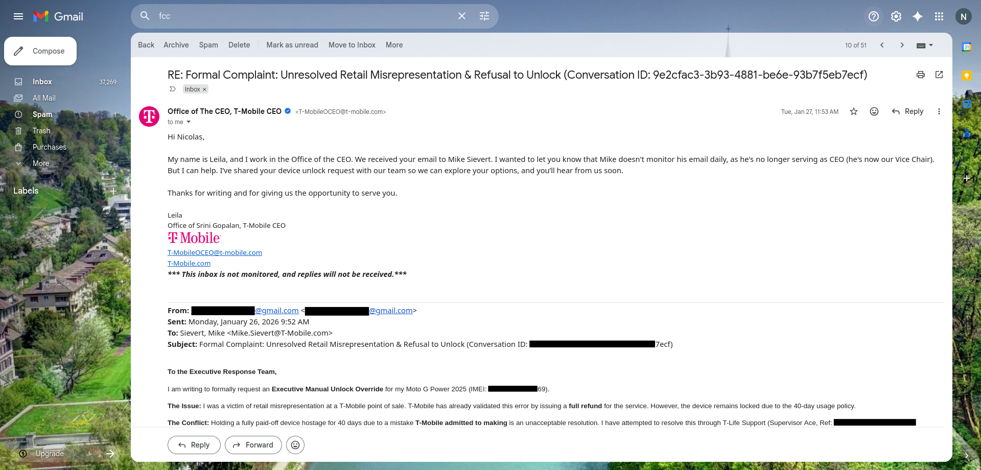 T-Mobile CEO office response email from Leila, Office of Srini Gopalan