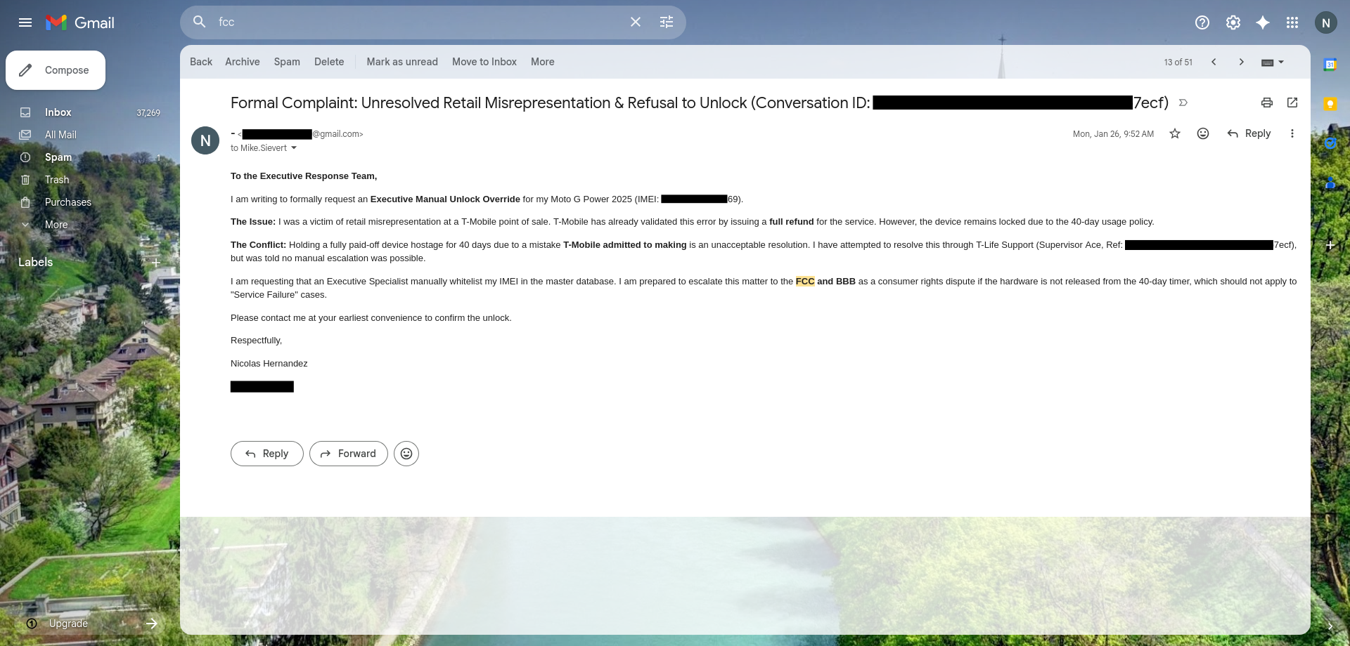 Formal complaint email to T-Mobile CEO office requesting Executive Manual Unlock Override